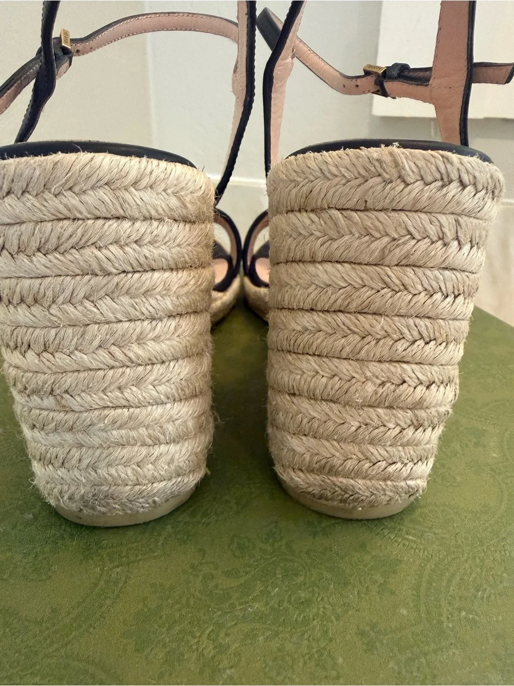Gucci Black Leather Espadrille Wedge Sandals with Gold Accent